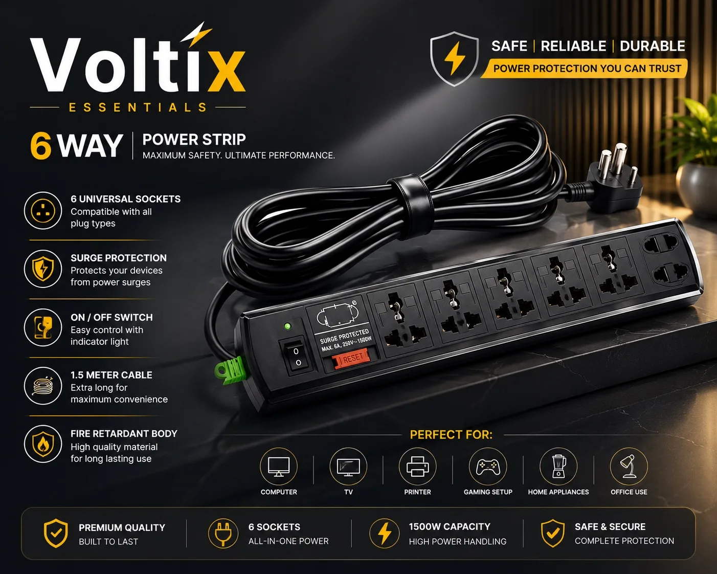 Heavy Duty 5 Meter Long Wire Extension Cord 6 AMP-250 Volts 7+1 Surge Protector/Computer Spike/Compute Strip/Extension Board with LED Indicator and Fuse Protection (5 Meter Wire - Black)