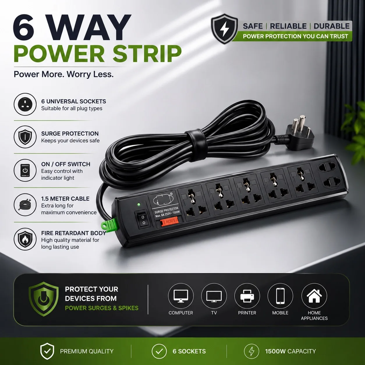 Heavy Duty 5 Meter Long Wire Extension Cord 6 AMP-250 Volts 7+1 Surge Protector/Computer Spike/Compute Strip/Extension Board with LED Indicator and Fuse Protection (5 Meter Wire - Black)